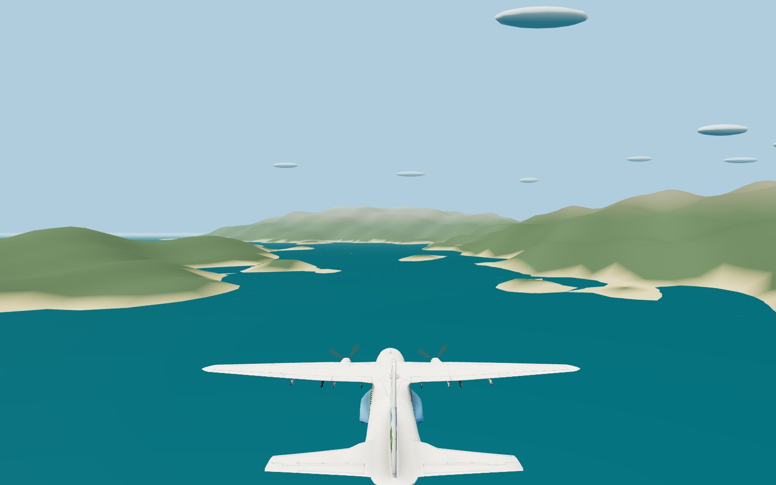 A twin-prop aircraft flying over the blue water of the Open Skies coastline
