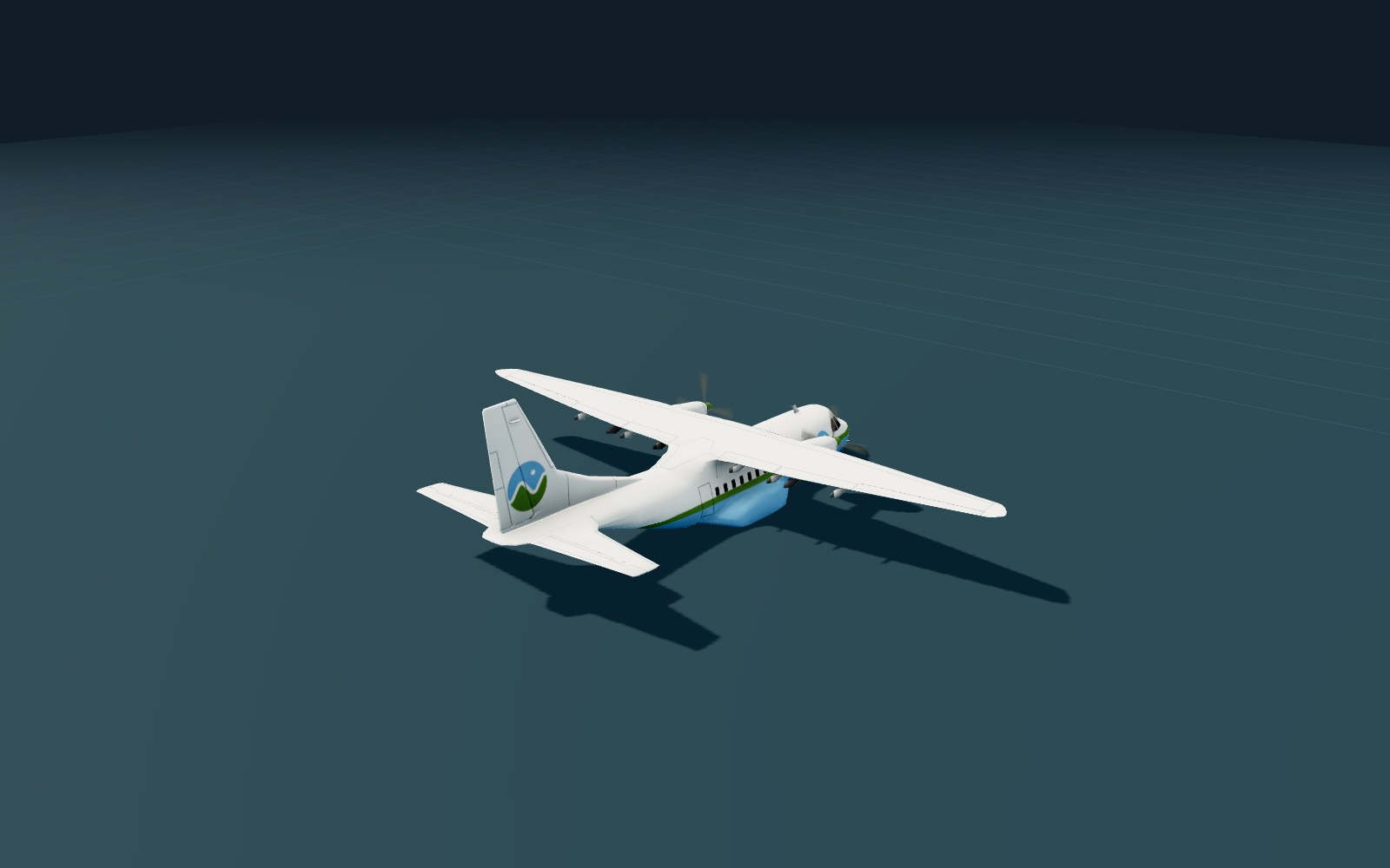 The white and green twin-prop aircraft in the game's 3D hangar